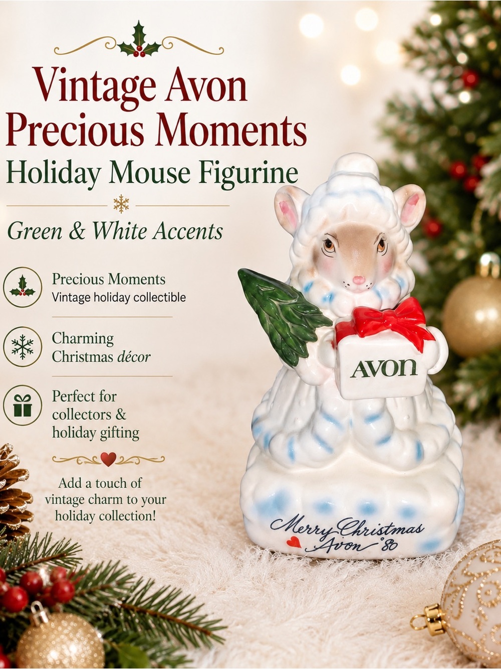 Vintage Avon Precious Moments Holiday Mouse Figurine with Green & White Accents